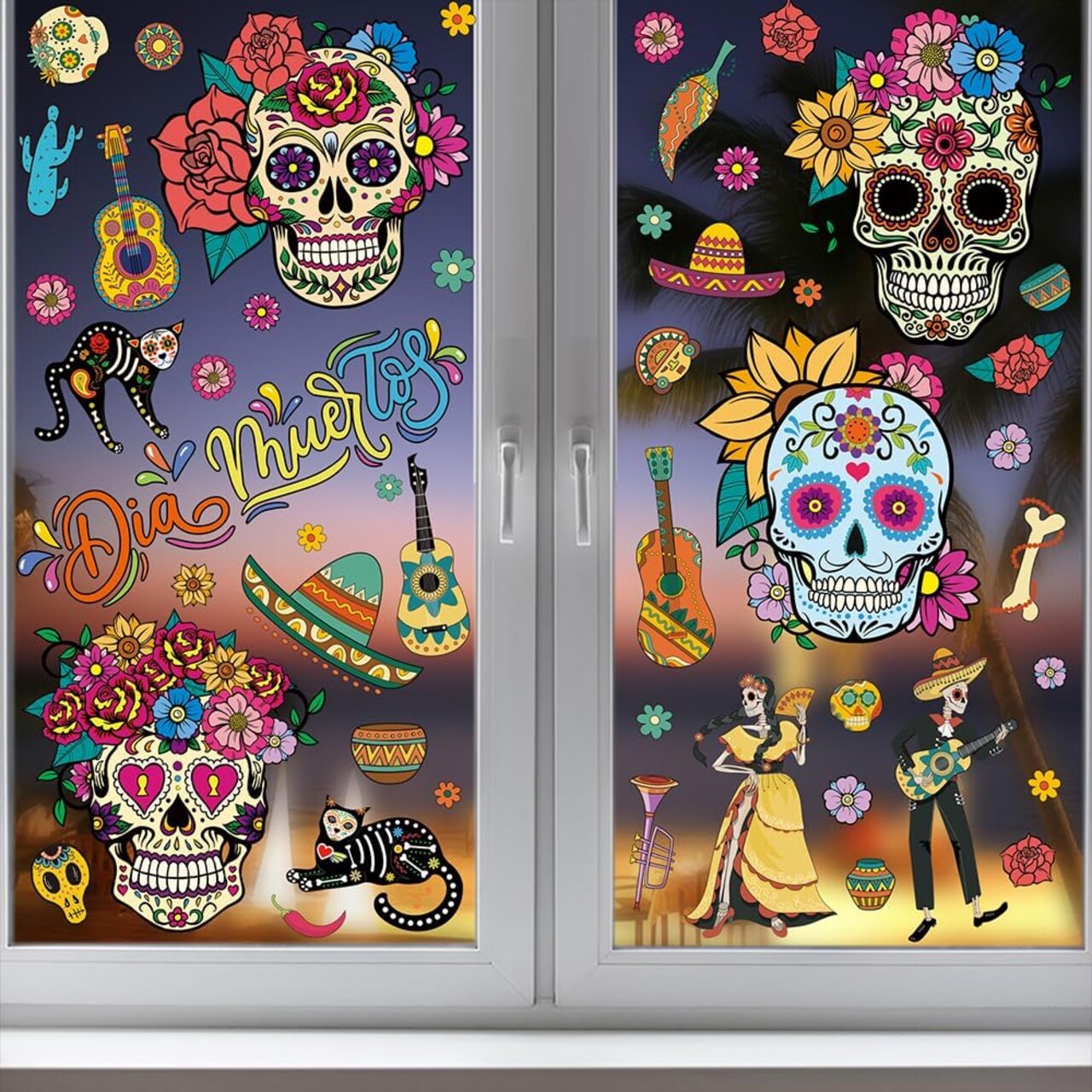 Day of The Dead Window Clings Sugar Skulls (Black, White, Orange, Pink, Purple, and Green)